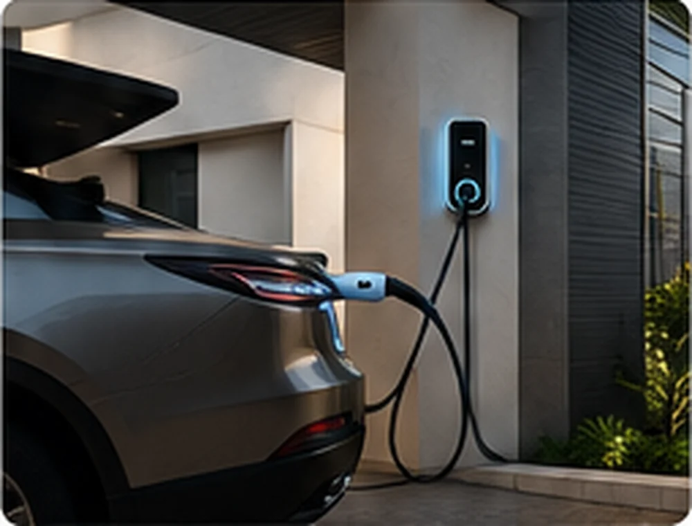 Carro elétrico conectado a Wallbox em garagem residencial