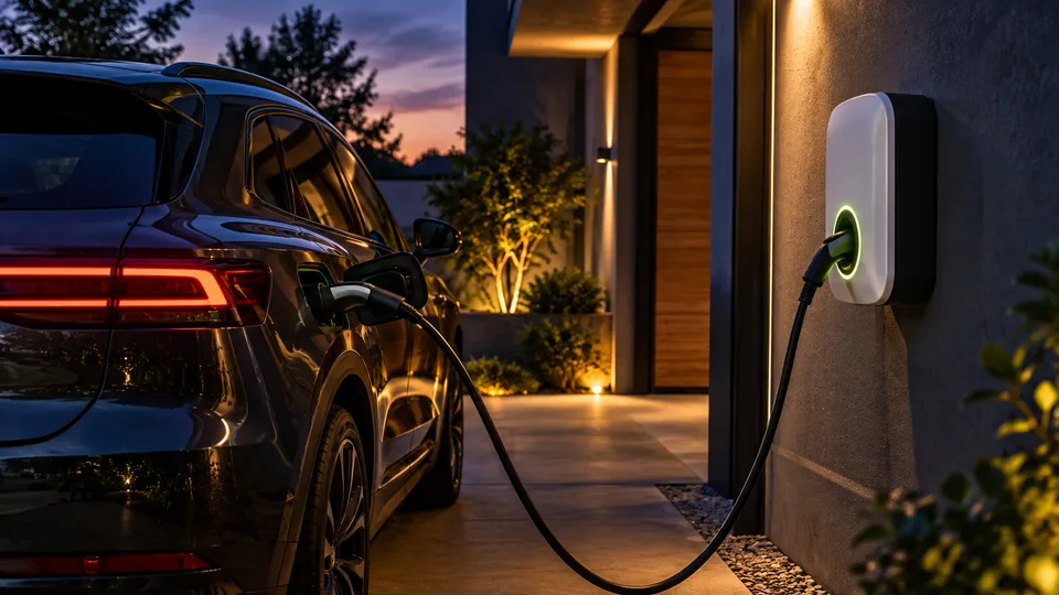 Veículo elétrico conectado a um carregador de parede em garagem