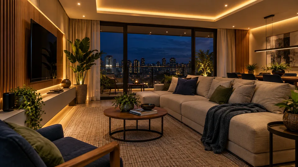 Sala residencial com iluminação LED e luminárias