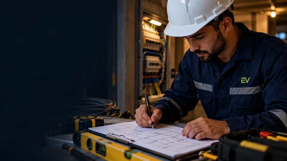 Planejamento de serviço elétrico com desenho técnico e equipamentos de trabalho
