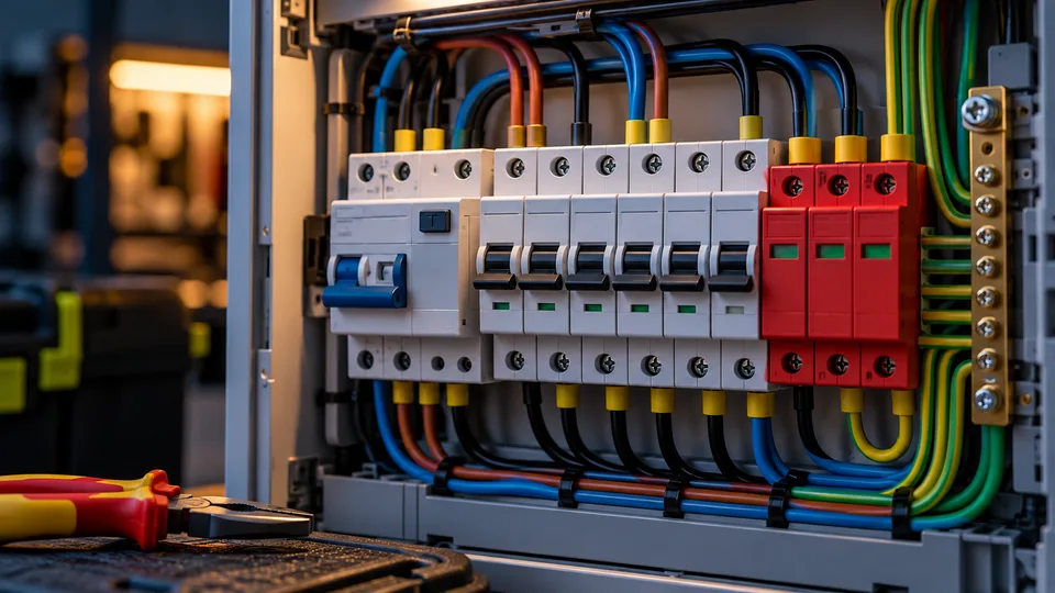 Quadro elétrico com disjuntores, proteções e cabos organizados