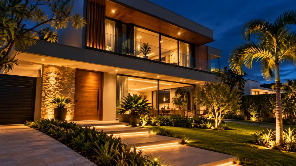 Residência contemporânea com iluminação ao anoitecer